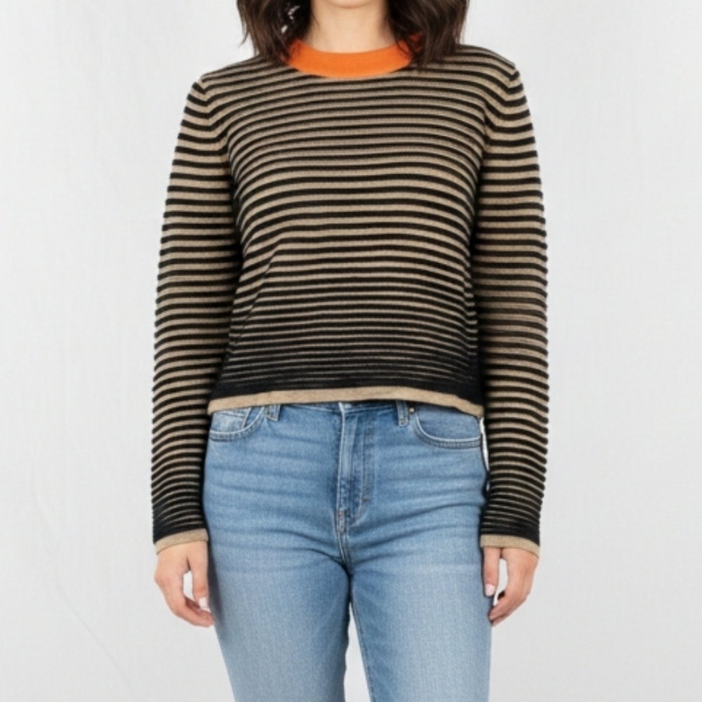 Cos Cropped Ribbed Stripe Wool Round Neck Jumper Sweater Size Small‎ Orange Tan